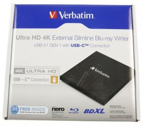 Verbatim Blu-ray Writer - Blu-ray Brenner, Slim, Ultra Hd 4k, Usb3.1 C